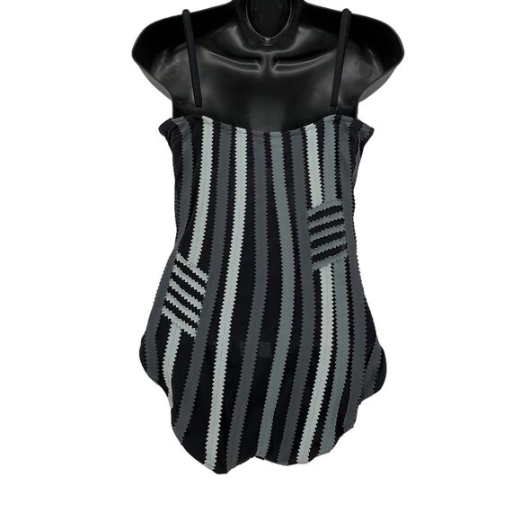 Vintage Gottex Black Gray Pinked Striped‎ One Piece Sz 10 - Picture 2 of 3